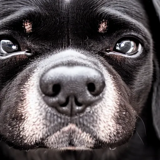 Prompt: a black pugalier looking straight in to the camera, symmetrical, macro photography, ambient light, perfect focus