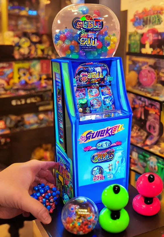 Prompt: cyberpunk gumball gashapon machine, filled with cute toys, in an arcade