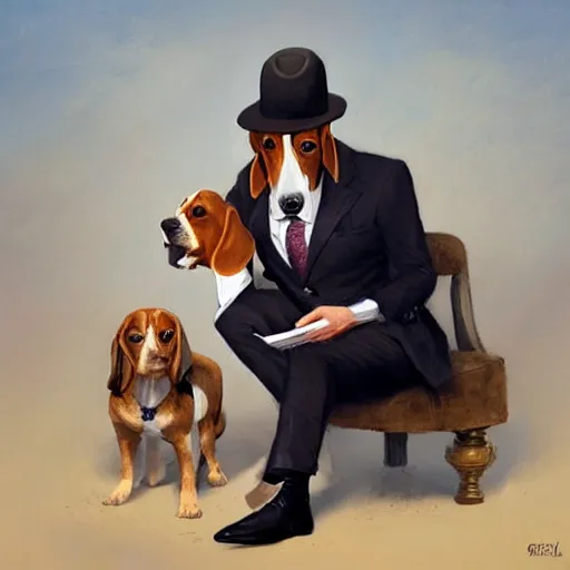 Prompt: a beagle wearing a business suit and fedora, greg rutkowski