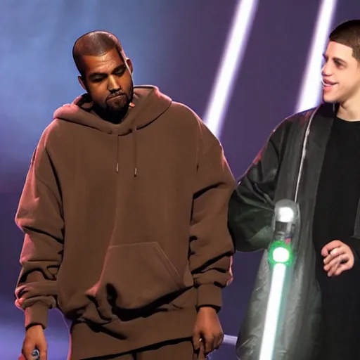 Image similar to kanye west and pete davidson dualing each other with lightsabers