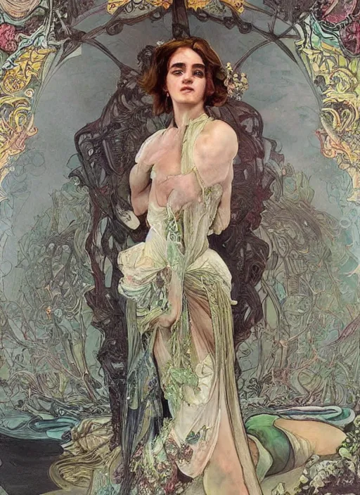 Image similar to Emma Watson as God of Beautifully, full body shot, cute, fantasy, intricate, elegant, highly detailed, digital painting, 4k, HDR, concept art, smooth, sharp focus, illustration, art by alphonse mucha,artgerm, H R Giger