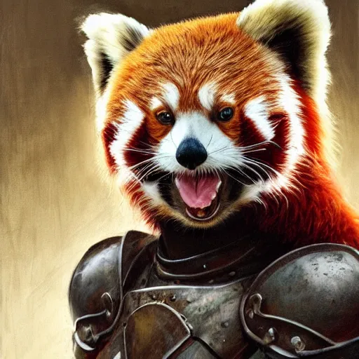 Image similar to red panda as a realistic fantasy knight, closeup portrait art by donato giancola and greg rutkowski, realistic face, digital art, trending on artstation, symmetry!!, no helmet