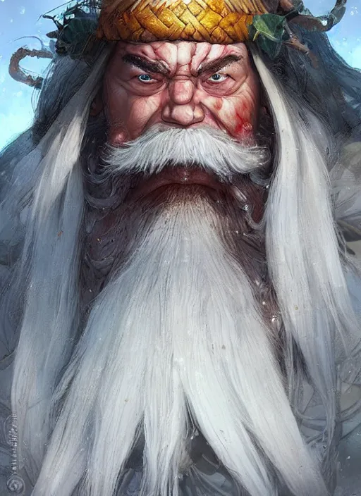 Prompt: dwarf with white hair, red iris, long beard, pale snow white skin, full body character portrait, colorful, highly detailed, digital art by studio ghibli and greg rutkowski and takehiko inoue