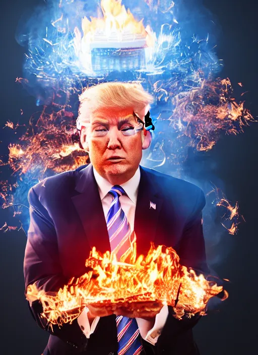 Image similar to a beautiful photo of donald trump burning his own money, intricate details, photography, volumetric light, 8 k