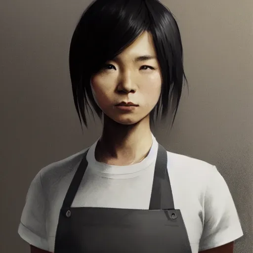 Image similar to portrait of a short muscular Japanese woman with a short ponytail wearing a gray t shirt and a work apron, dramatic lighting, illustration by Greg rutkowski, yoji shinkawa, 4k, digital art, concept art, trending on artstation