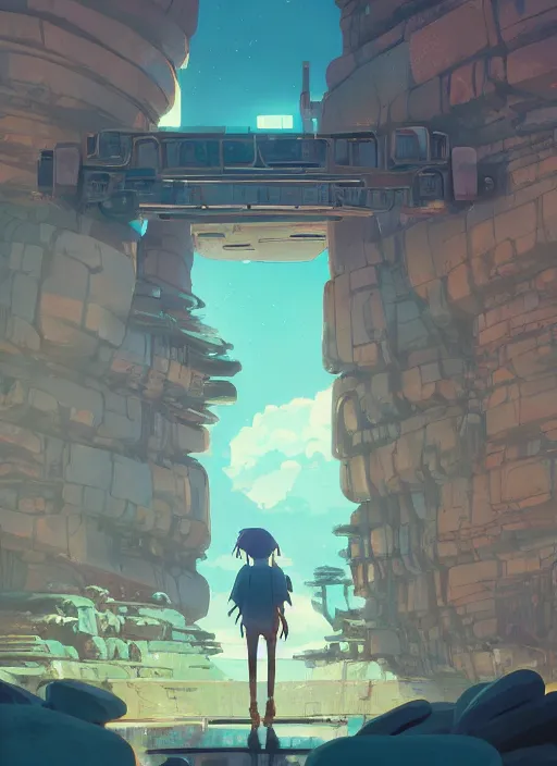 Image similar to warm canyon with giant gate entrance, nuclear powered, detailed, futuristic, cory loftis, james gilleard, atey ghailan, makoto shinkai, goro fujita, studio ghibli, rim light, exquisite lighting, clear focus, very coherent, plain background