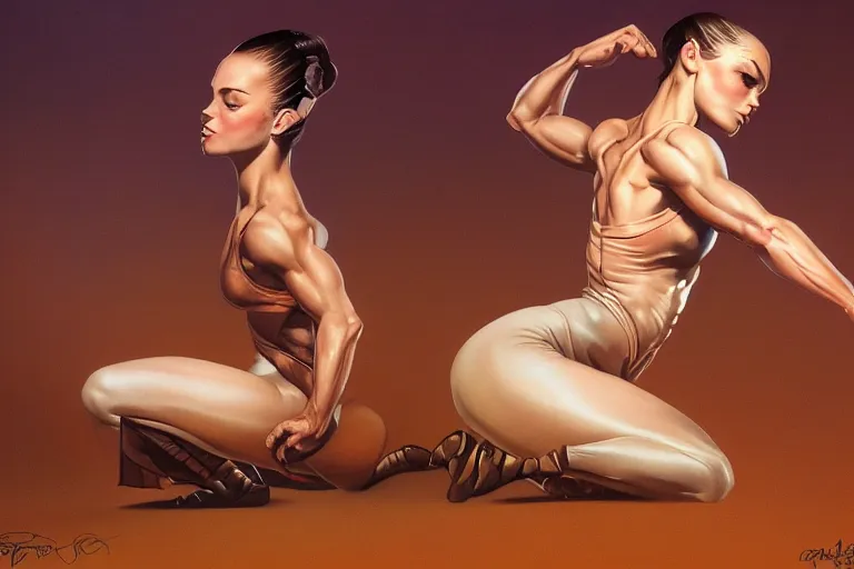 Prompt: muscular ballerina tight clothes that are tearing at the seams, digital painting, trending on artstation, 8 k wallpaper, frank frazetta, boris vallejo and julie bell