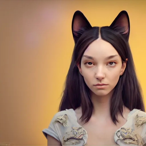 Image similar to Perfectly-Centered Portrait of a Young Woman Wearing Fake-Cat-Ears and t-shirt and shorts, intricate, elegant, super highly detailed, professional digital painting, artstation, concept art, smooth, sharp focus, no blur, no dof, extreme illustration, Unreal Engine 5, Photorealism, HD quality, 8k resolution, cinema 4d, 3D, beautiful, cinematic, art by artgerm and greg rutkowski and alphonse mucha and loish and WLOP