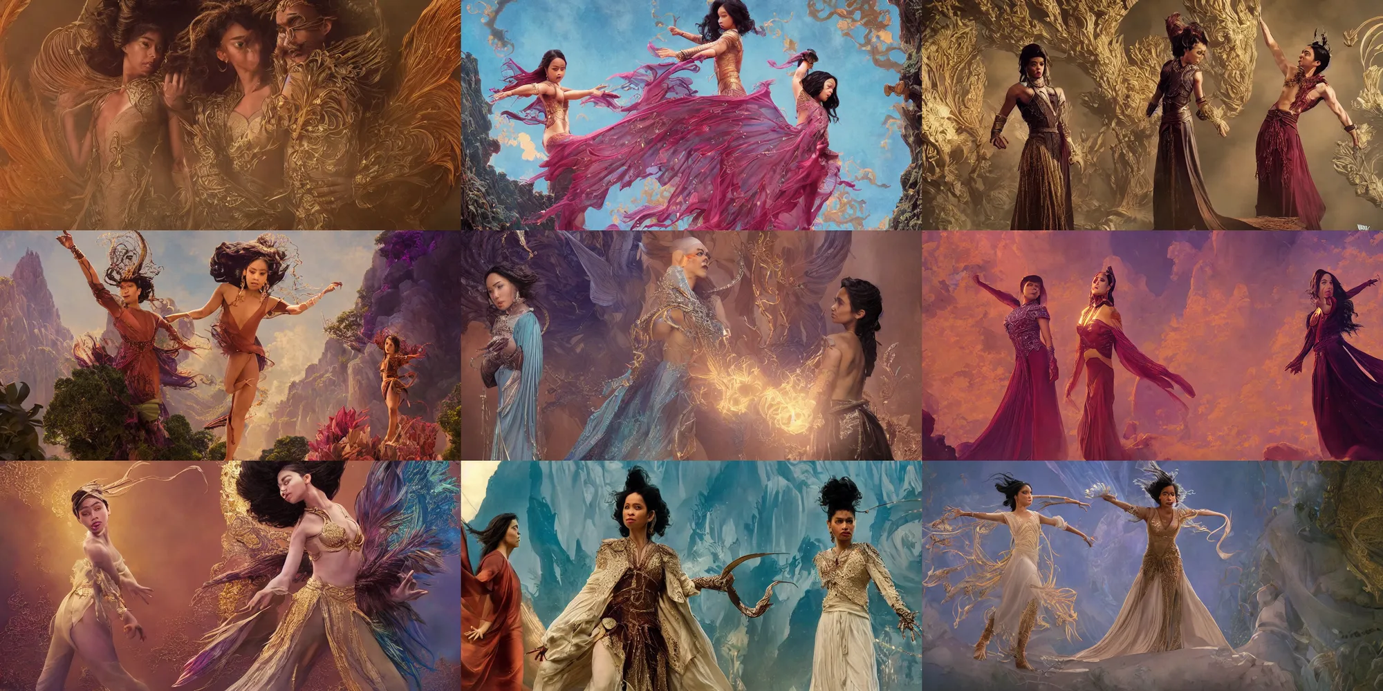 Prompt: Cinematic stills from the Netflix original series Arcane and Disney's Raya and the Last Dragon crossover, full-body, bloom, dynamic poses, diaphanous cloth, intricate crystalline and feather jewelry, ornate, filigree, arcane, cinematic lighting, by WLOP!!!!!!!, by Fenghua Zhong, Maxfield Parrish!!!!, portfolio illustration, highly detailed, trending on Artstation, CGsociety, HQ, 8k, 35mm lens, f2.8, Bokeh,
