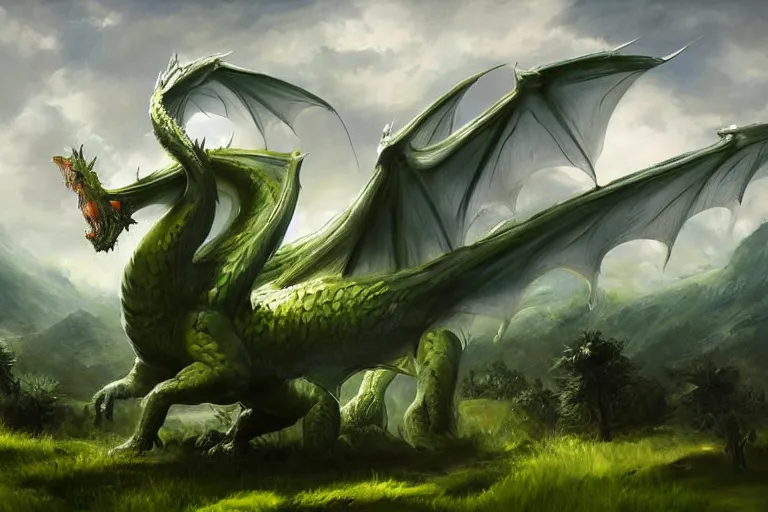 Image similar to a large white dragon standing on top of a lush green field, an ultrafine detailed painting by slawomir maniak, featured on polycount, sots art, official art, artstation hd, detailed painting