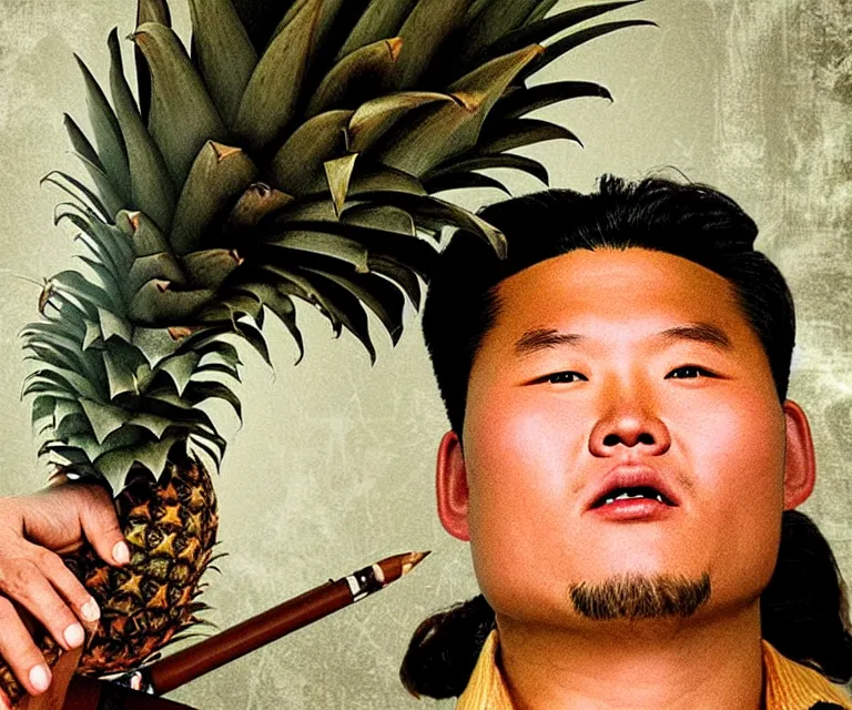 Image similar to hyperralism pineapple express movie still photography of detailed north korean kim chen with detailed face smoking weed in basement bedroom