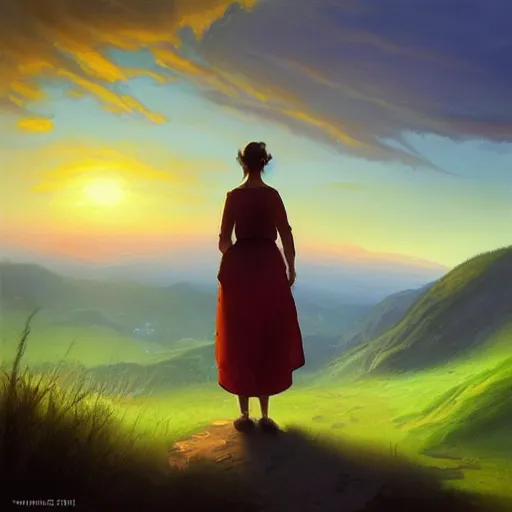 Image similar to “a lonely woman standing at the top of a hill at sunset waiting for someone to return, detailed and realistic 8k HD oil painting, by Tyler edlin”