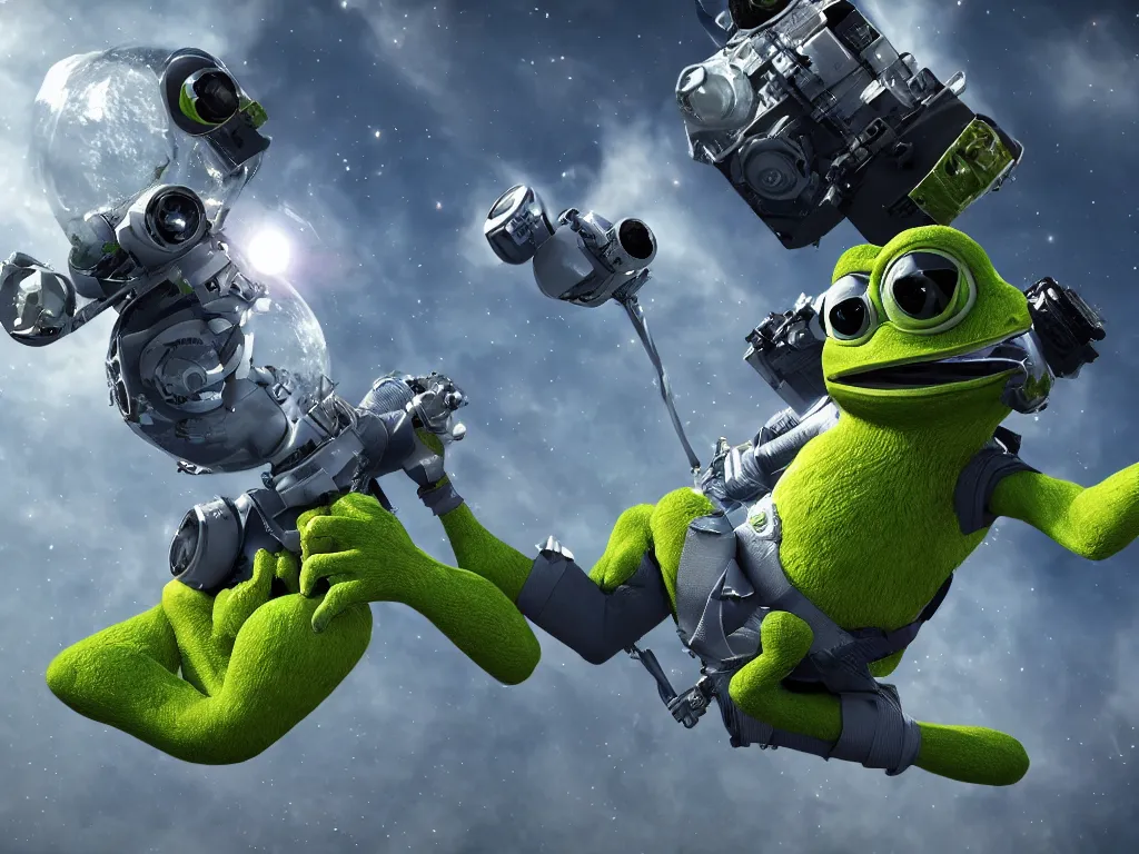 Image similar to hyper realistic, unreal engine 5, 8k, detailed, pepe the frog wearing spacesuit floating in space, photorealism