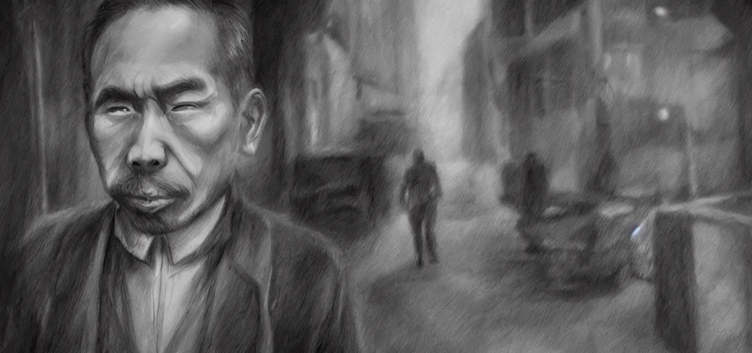 Image similar to black and white pencil portrait of a ho chi minh, vampire wizard, dark asian city street background, trending artstation, relaxed expression, dark lighting, high detail