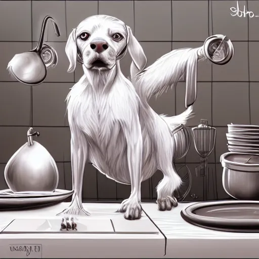 Image similar to a dog washing dishes, elegant, intricate, highly detailed, digital painting, artstation, concept art, sharp focus, illustration, 8 k