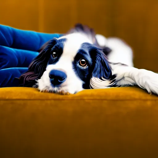 Image similar to a cute spaniel spread out on a plush blue sofa. Award winning photograph, soft focus, depth of field, rule of thirds, national geographic, golden hour, style of Vogelsang, Elke, symmetric