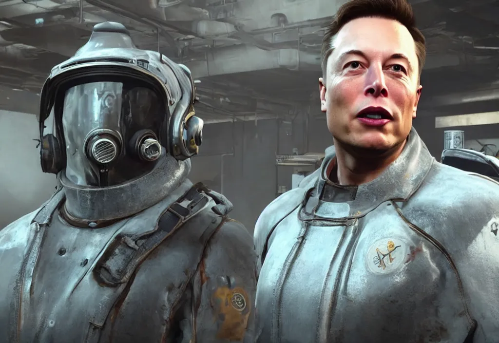 Image similar to a screenshot of elon musk in the video game in fallout 4, close up, 3 d rendering. unreal engine. amazing likeness. very detailed.