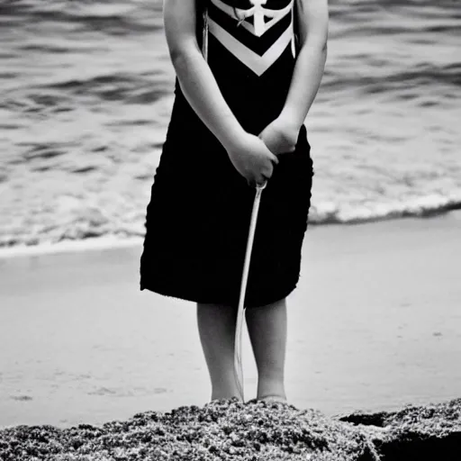 Image similar to b & w photo of wednesday addams at the beach