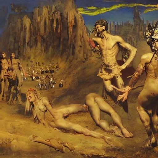 Image similar to an oil painting of a desert ground covered with some bodies of medieval soldiers, wide shot, by Frank Frazetta, by Gustave Moreau, by Georgia O Keeffe