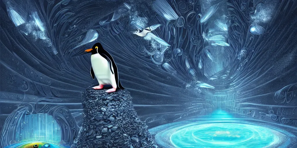 Prompt: an insanely beautiful and hyper detailed digital painting of a penguin staring out into a magical multiverse by ciryl rolando