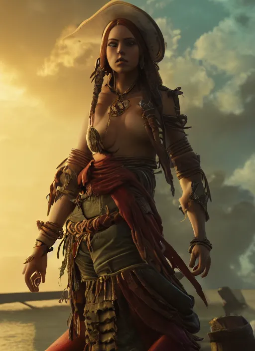 Image similar to detailed full body concept art of a beautiful female pirate, cinematic lighting, hyperdetailed, 8k, high resolution, insanely detailed and intricate, octane render