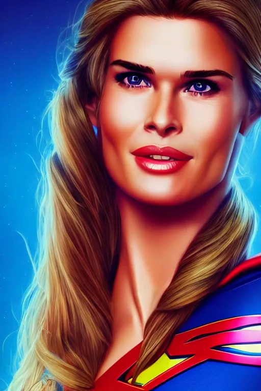 Image similar to portrait of a mix of beautiful young maria shriver, mariel hemmingway, brooke shields and elle macpherson as supergirl, thin lips, hair tied up in a pony tail, colorful artstation, cgsociety