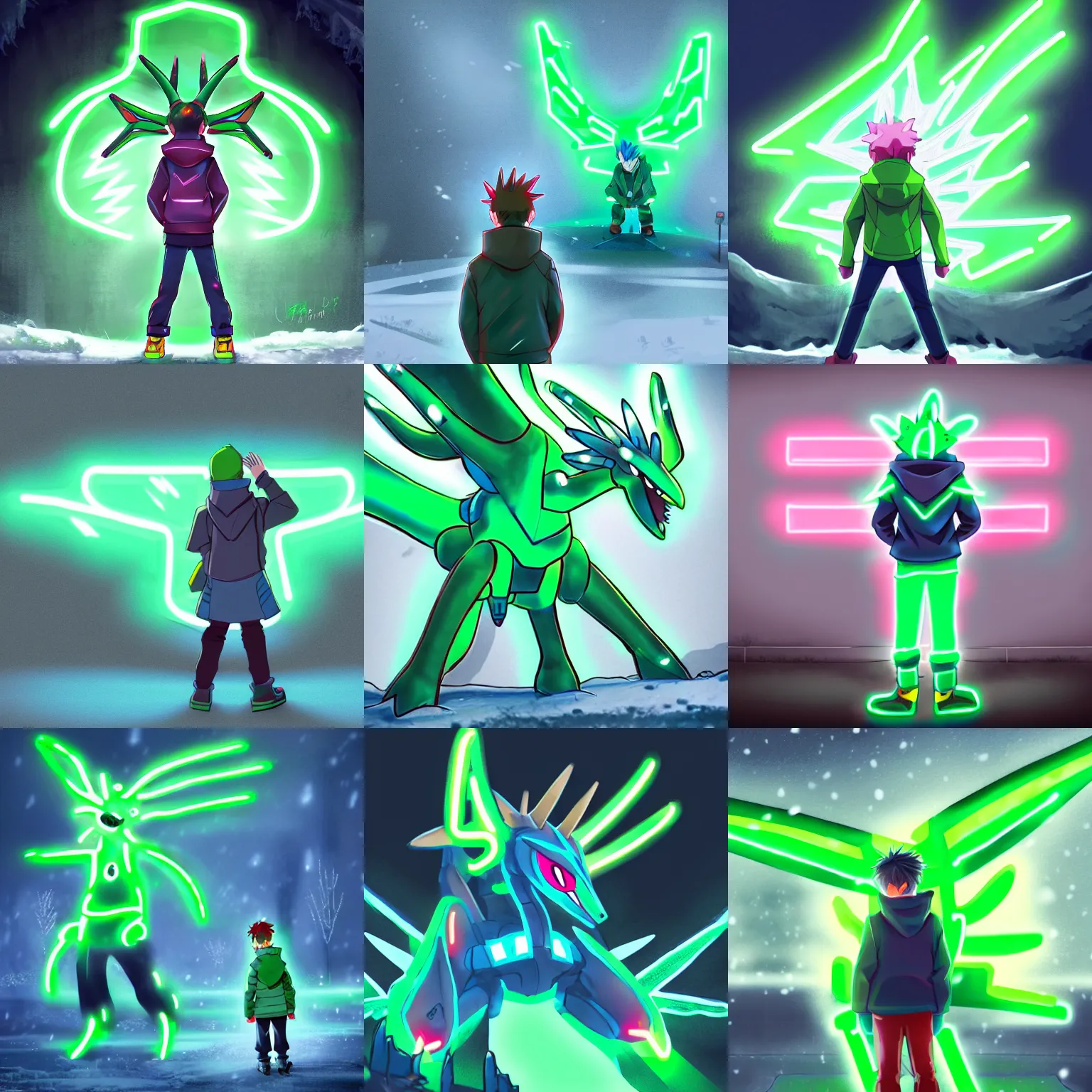 Prompt: a boy in winter clothing, standing in front of a big neon green dialga, concept art, digital art, very detailed, anime, back - shot, pokemon, 8 k hd