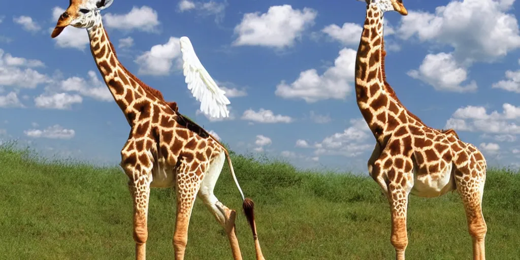 Image similar to giraffe with angel wings on its back, full body shot, wings, by studio ghibli