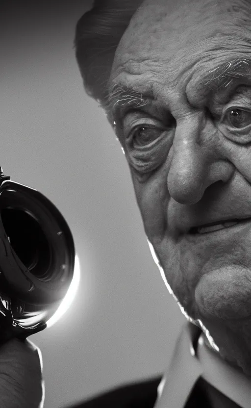 Image similar to Portrait of George Soros, splash art, movie still, cinematic lighting, dramatic, octane render, long lens, shallow depth of field, bokeh, anamorphic lens flare, 8k, hyper detailed, 35mm film grain