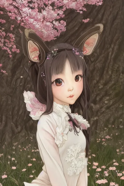 Image similar to Anthro Portrait of japanese white tailed deer girl, D&D, dark fantasy, anthro portrait, sakura blooming on background, intricate, elegant, deer portrait, highly detailed, digital painting, artstation, concept art, smooth, sharp focus, maybe some llama, illustration, art by artgerm and greg rutkowski and alphonse mucha, daily deviation, masterpiece