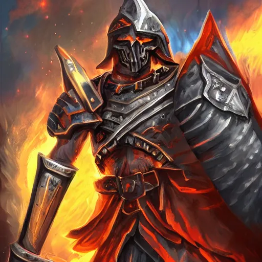 Image similar to Ares with heavy armor and sword, dark sword in Ares's hand, war theme, bloodbath battlefield, fiery battle coloring, hearthstone art style, epic fantasy style art, fantasy epic digital art, epic fantasy card game art