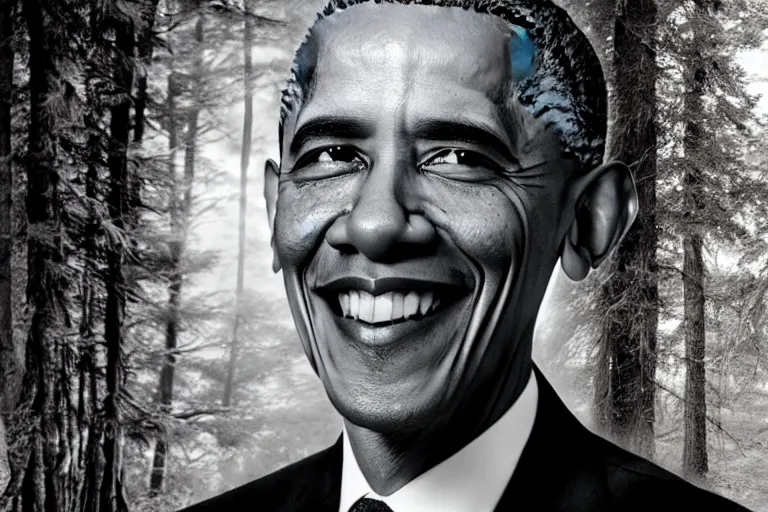 Image similar to barack obama is hunting you in the woods at night, horror, grainy, found footage, monster, photo