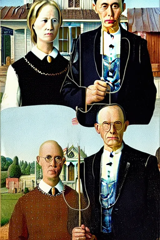 Prompt: Elon Musk with Dmitry Rogozin in style of a painting American Gothic by Grant Wood,