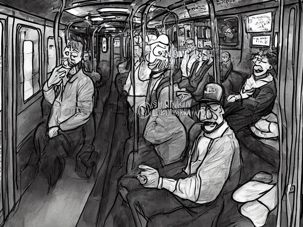 Image similar to a cartoon man in the style of Berkeley breathed!!, sitting in a realistic photo real Chicago subway car!!