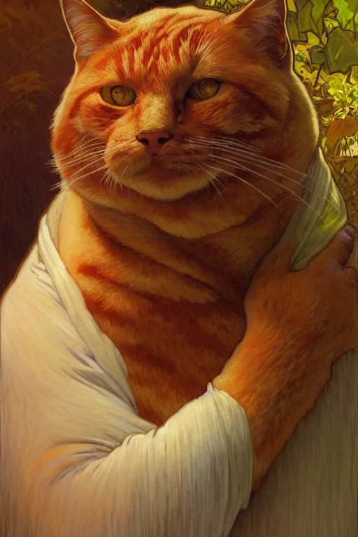 Prompt: painted portrait of rugged fat orange cat, masculine, powerful, handsome, upper body, white robe, fantasy, intricate, elegant, highly detailed, digital painting, artstation, concept art, smooth, sharp focus, illustration, art by gaston bussiere and alphonse mucha