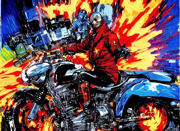 Image similar to marvel ghost rider, wearing futuristic cybernetic battle armor, riding a cyberpunk styled akira motorcycle, by ashley wood, yoji shinkawa, jamie hewlett, 6 0's french movie poster, french impressionism, vivid colors, palette knife and brush strokes