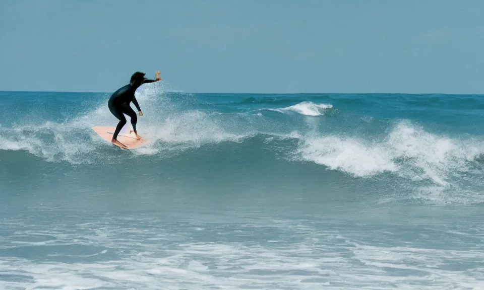 Prompt: photo of a surfer, surfing in the waves, film photography