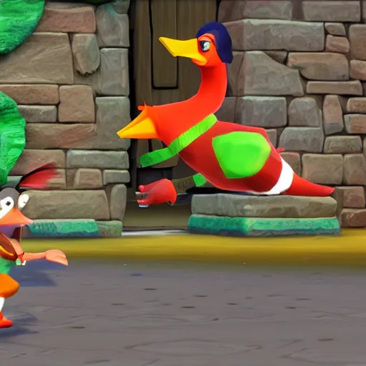 Image similar to screenshot of a cute wacky humanoid goose enemy with a coat in crash bandicoot video game, crash bandicoot 4, playstation 1 era graphics, activision blizzard style, 4 k upscaled graphics