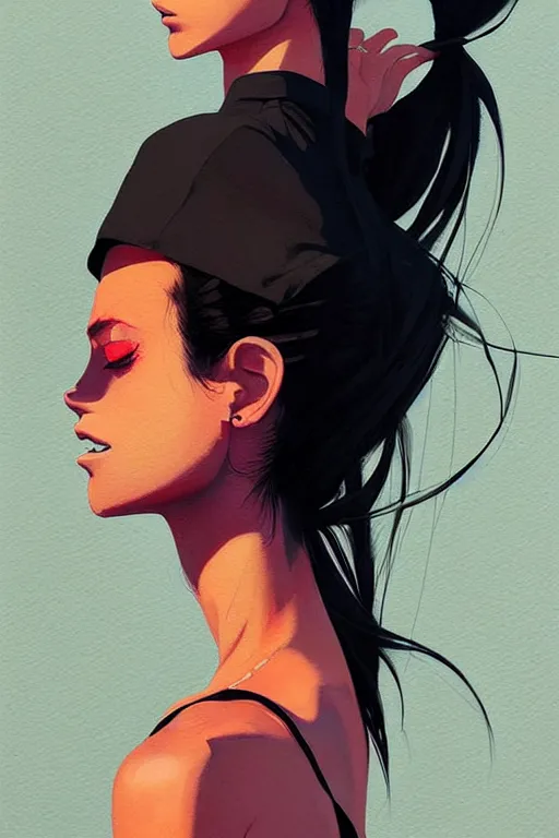 Prompt: a ultradetailed beautiful painting of a stylish woman in with a ponytail, she is wearing a black tank top and jeans, by conrad roset, greg rutkowski and makoto shinkai trending on artstation