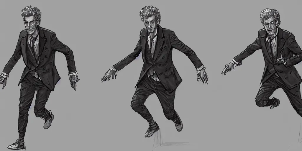 Image similar to cartoonish peter capaldi running, character sheet, fine details, concept design, contrast, kim jung gi, greg rutkowski, trending on artstation, 8 k, full body, turnaround, front view, back view, ultra wide angle