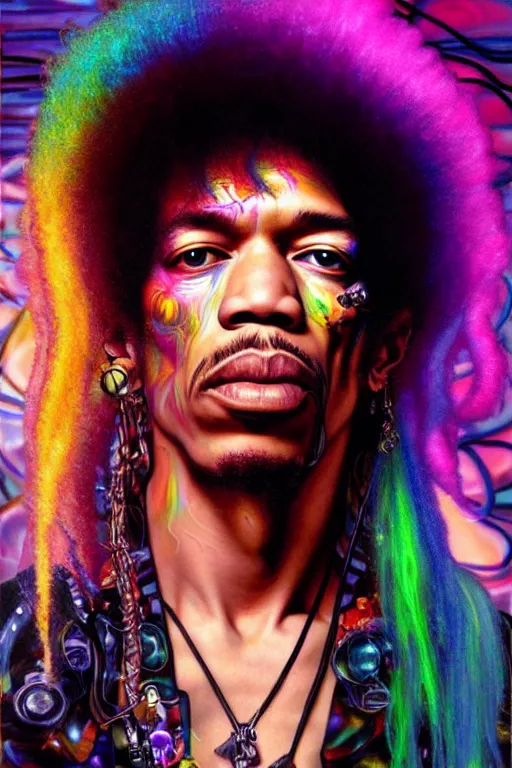 Image similar to A Weirdcore Mesmerizing 8k hyperrealistic portrait of cyberpunk Jimi Hendrix with electric neon hair strands, floating in spirals of iridescent mycelum, painted by Caravaggio, artgerm and raymond swanland and alphonse mucha