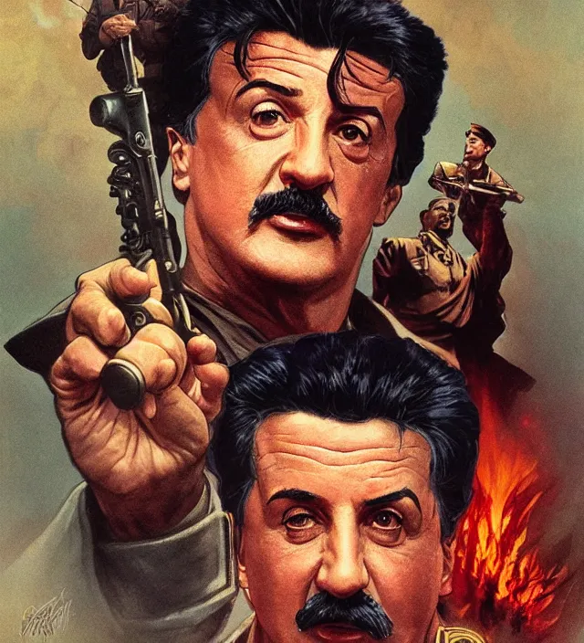 Prompt: sylvester stallone as stalin on fire,, cinematic, by greg rutowski, by greg rutkowski, by stanley artgerm, by alphonse mucha
