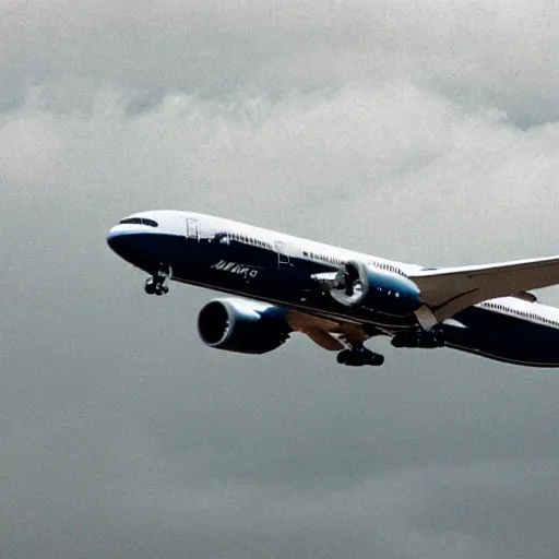 Image similar to vhs footage of a boeing 787 flying overhead