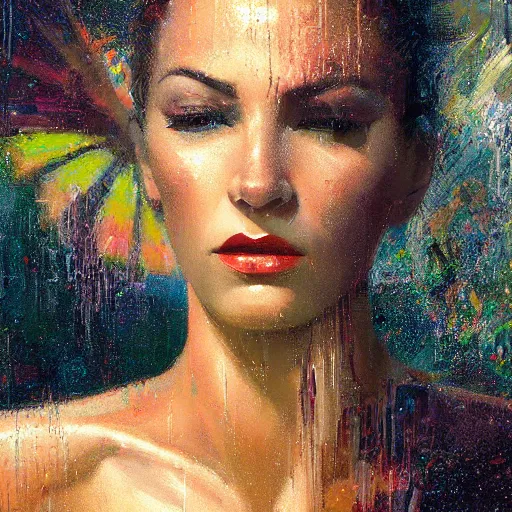 Prompt: detailed face of a woman clothed wrapped in textiles, lush, opulent, fauna, utopian, tech noir, wet reflections, prism, atmospheric, ambient, pj crook, syd mead, livia prima, artgerm, greg rutkowski, nick alm, casey baugh