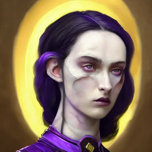 Image similar to A professional digital portrait painting of a young adult female tiefling sorcerer with skin made of fire, dressed in light armor, 4k, digital art, trending on cgsociety, renaissance painting, highly detailed, head and shoulders shot, shallow depth of field, purple and yellow lighting, professional lighting, The Grand Budapest Hotel, airbrush, Hayao Miyazaki