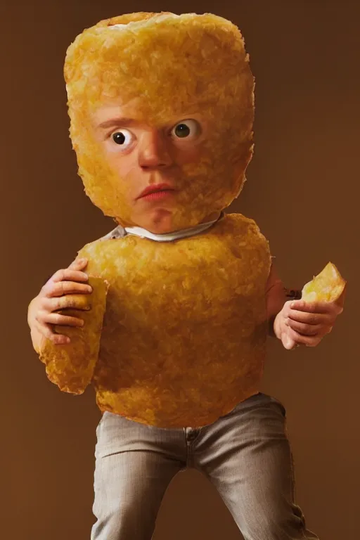 Image similar to channing tatum in a tater tot costume, oil on canvas, intricate, portrait, 8 k highly professionally detailed, hdr, cgsociety