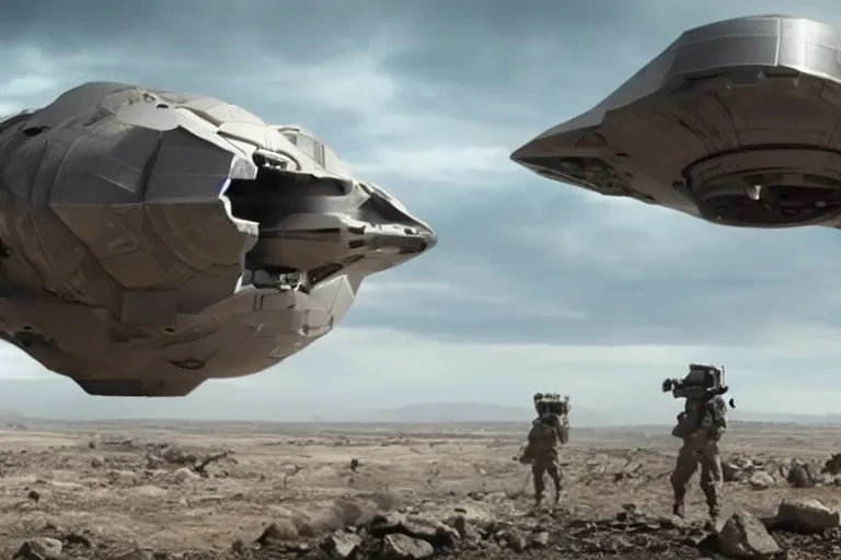 Image similar to VFX movie of a futuristic spaceship landing in war zone, natural lighting by Emmanuel Lubezki