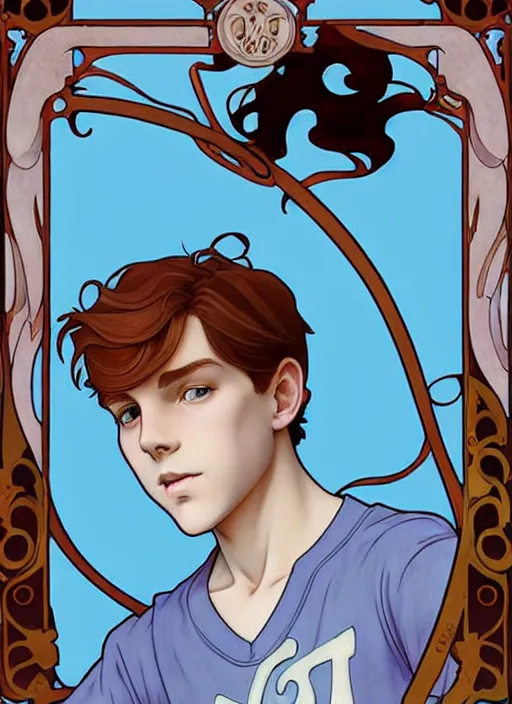 Image similar to art nouveau portrait of a teen boy with straight auburn hair, light blue eyes, pale skin, freckles, sad expression, t - shirt, modern casual clothing, natural lighting, path traced, highly detailed, high quality, cartoon, digital painting, by don bluth and ross tran and studio ghibli and alphonse mucha