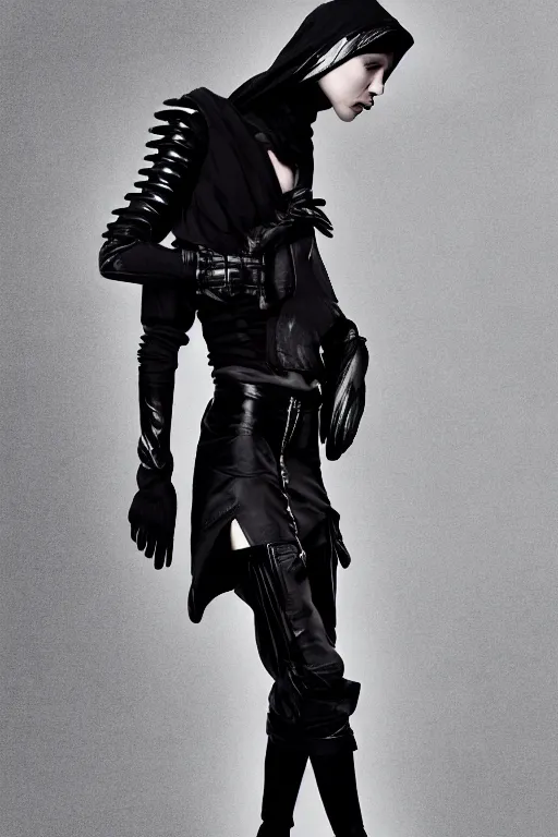 Image similar to beautiful androgynous high fashion avant garde techwear look and clothes, we can see them from feet to head, highly detailed and intricate, luxury, cinematic, rick owens, yohji yamamoto, y 3, outfit photo, hot on r / streetwear, trending on artstation,