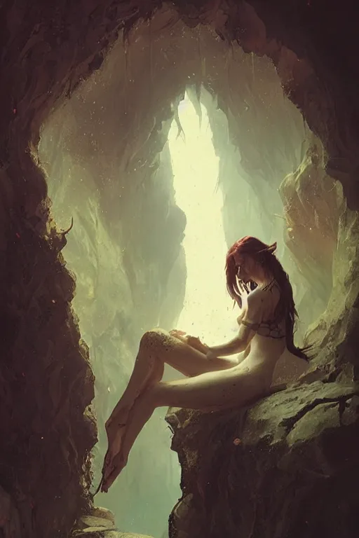 Prompt: a gorgeous succubus in a cave, greg rutkowski, 8 k, shallow depth of field, intricate detail, concept art,